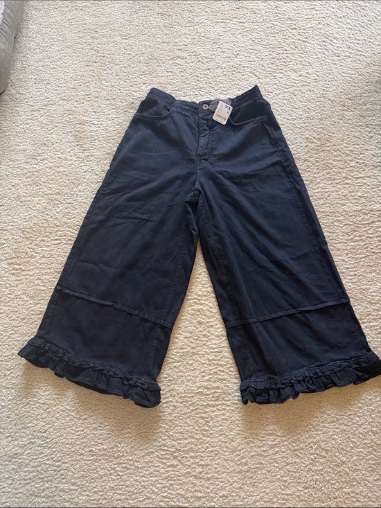 Free People Denim - Free People Navy Ruffle-Hem Wide Leg Jeans